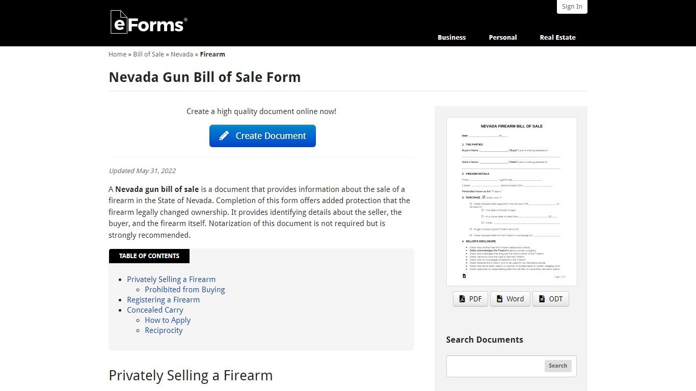 Free Nevada Gun Bill of Sale Form - Word | PDF – eForms
